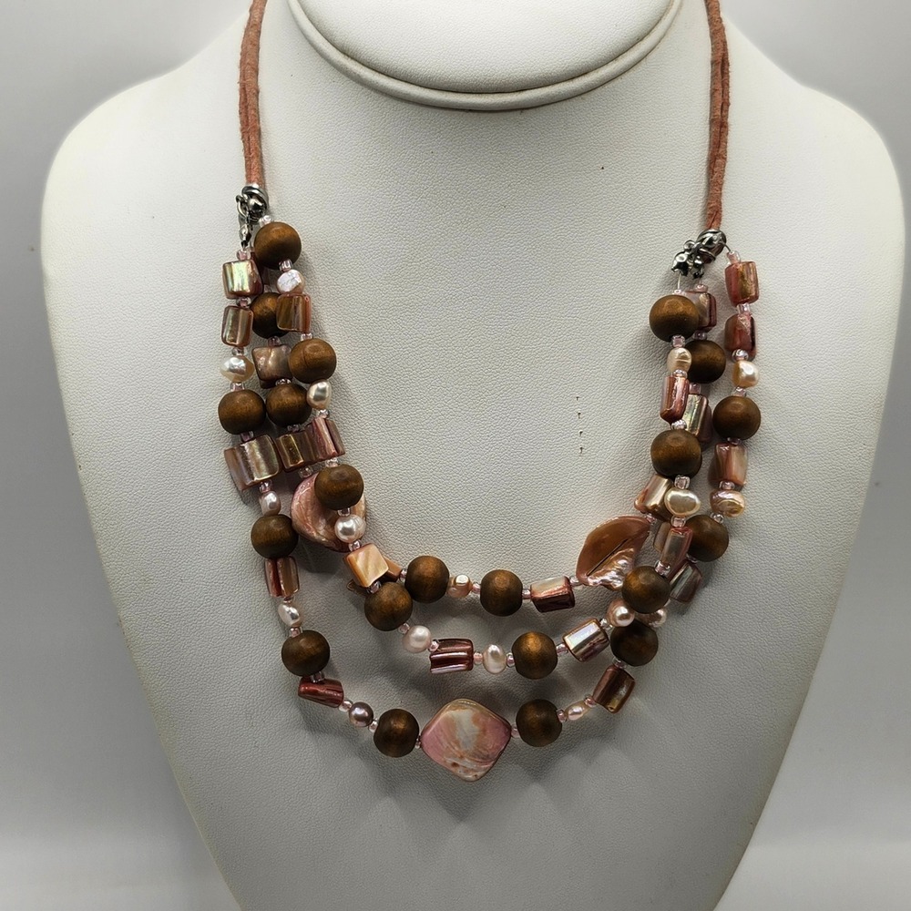Boho Multi Strand Shell Wood Pearl Beaded Necklace Leather Cord Brown Pink Mixed